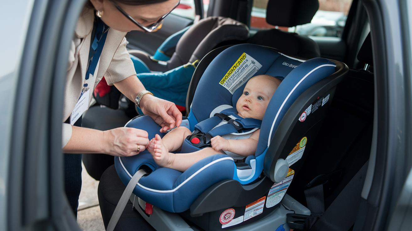 A car seat technician adjusting the recline angle of a rear-facing car seat to ensure proper head support for a newborn.