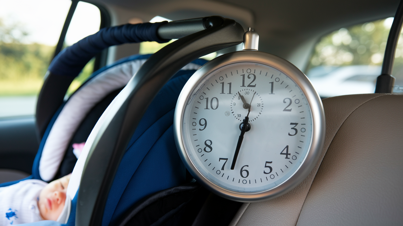 A clock next to a car seat highlighting the two-hour recommended time limit for newborns.