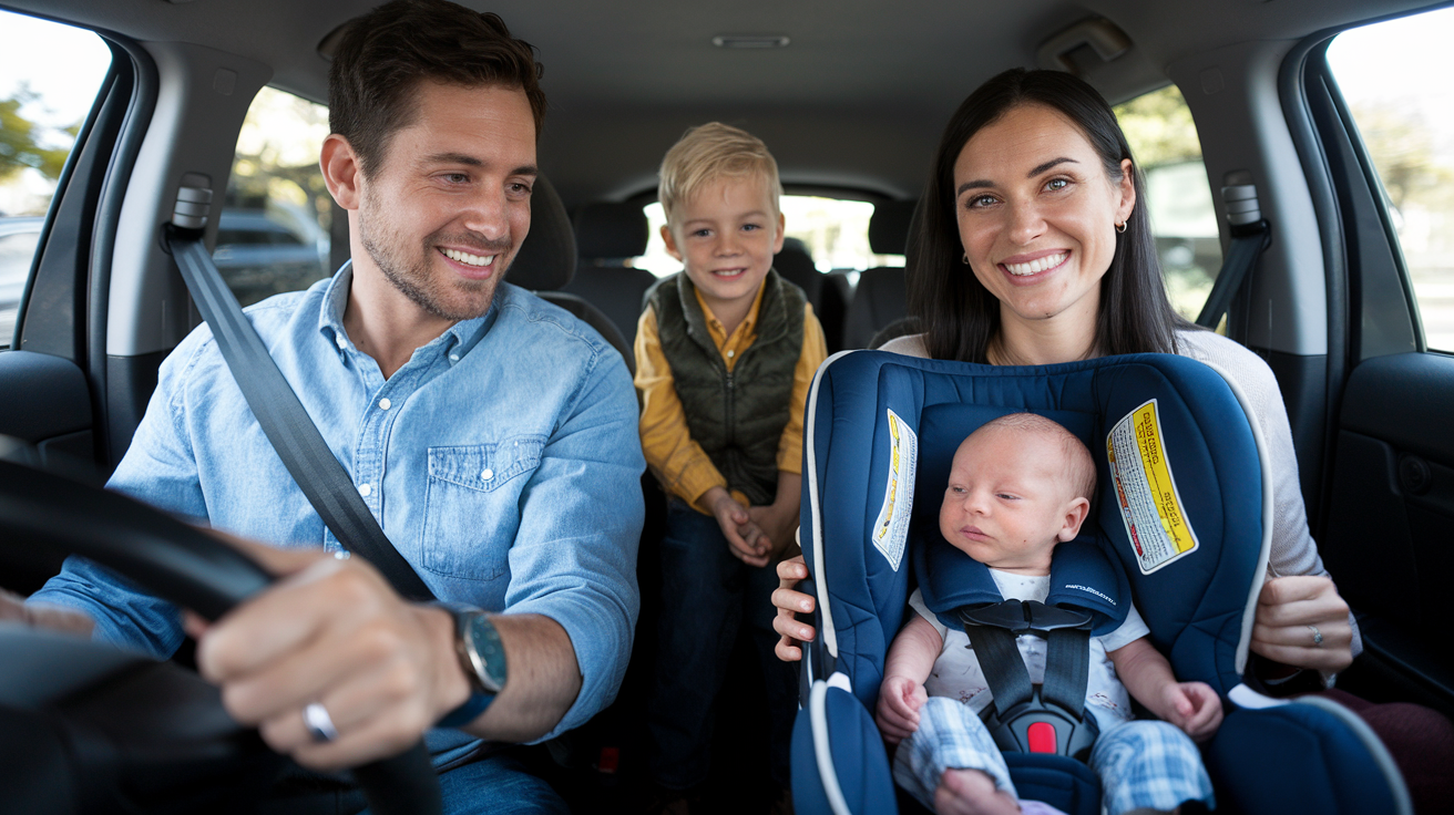 A family inside a car, with a newborn safely strapped in a rear-facing car seat, ready for travel.