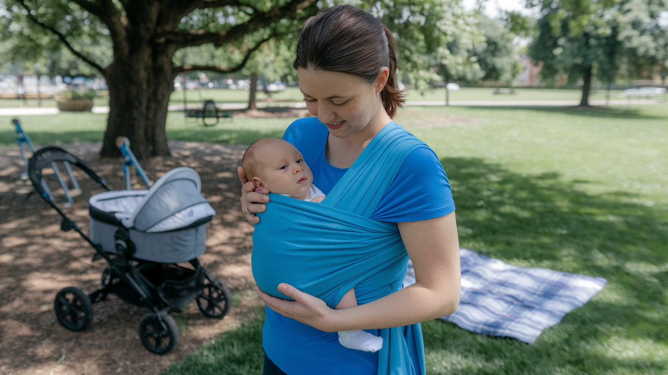 A mother using a baby wrap to carry her newborn, with a stroller bassinet in the background.