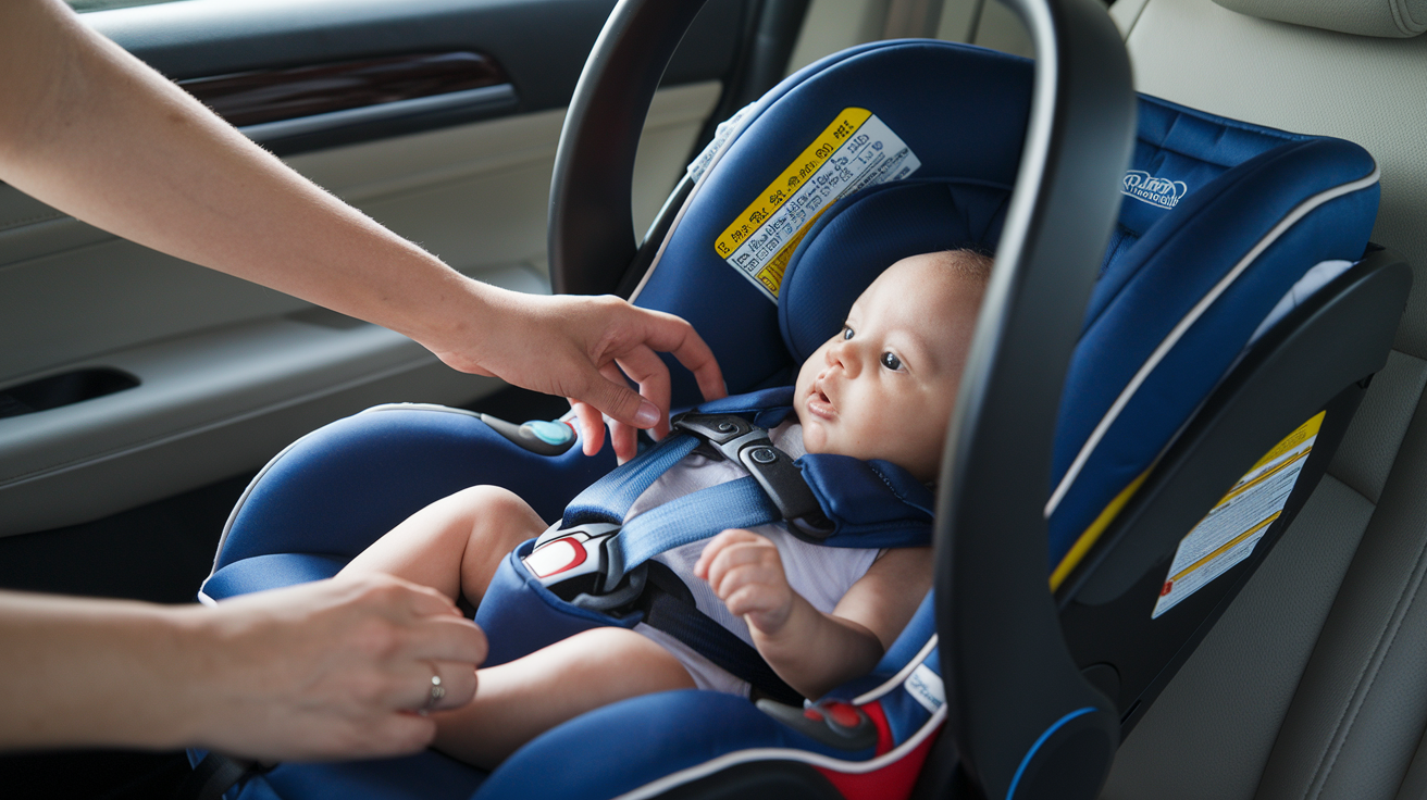 A parent ensuring the proper recline angle and harness fit for a newborn in a car seat.