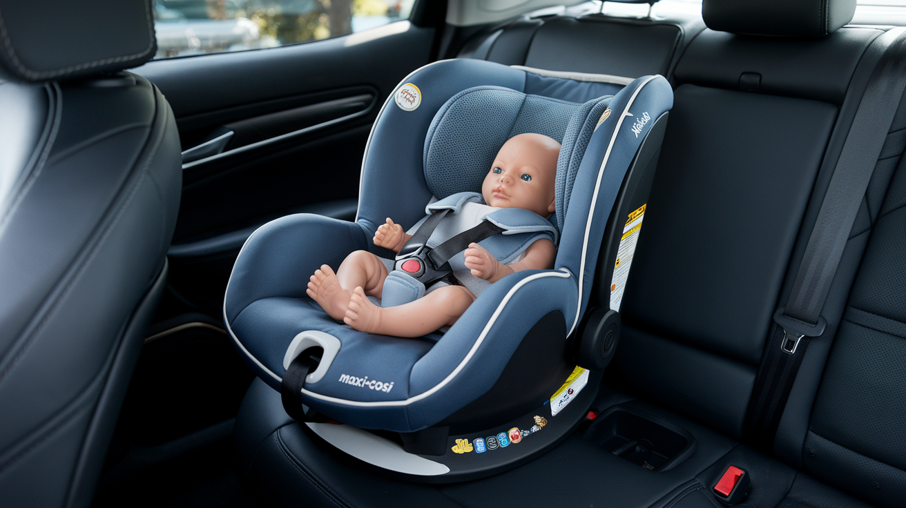 A rear-facing car seat installed in a car, demonstrating proper installation and safety for newborns.