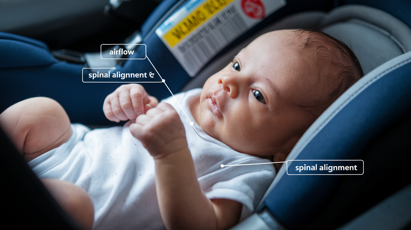 An infographic illustrating the potential risks of prolonged car seat use for newborns, including restricted airflow and spinal stress.